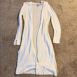 White Linen Blend Long Cardigan with Button Cuffs size medium